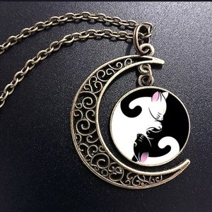 New Yin and Yang Cats Brass Crescent Moon Cab Pendant Necklace.